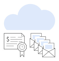 Large cloud symbol above financial document with a ribbon and envelope icons. Ideal for cloud storage, financial management, secure communication, document organization, encryption, digital security