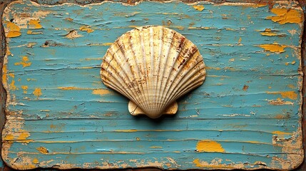 A beautifully textured scallop shell displayed on a weathered turquoise wooden background