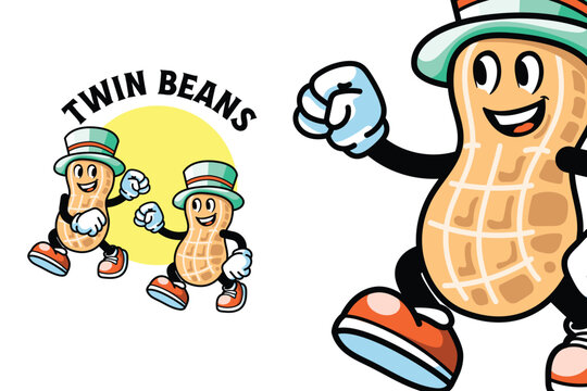 Cheerful and energetic peanut characters in a playful pose, perfect for food or snack related themes. Bright colors enhance their joyful vibe.