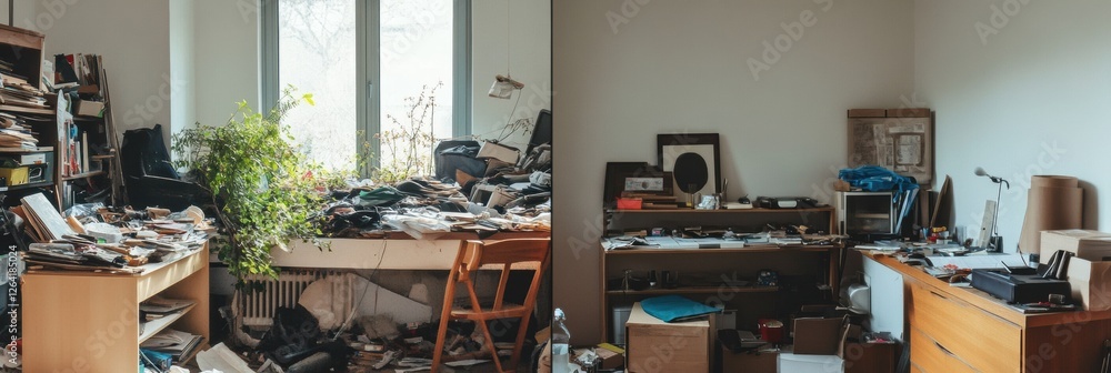 Aufkleber cluttered workspace contrasts with organized office as cleanliness meets chaos in daily life. genera