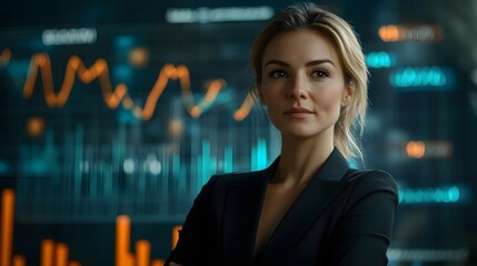 Confident Businesswoman Analyzing Futuristic Financial Charts and Graphs in Professional Setting