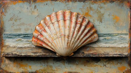 A beautifully textured seashell displayed against a weathered coastal backdrop, evoking tranquility