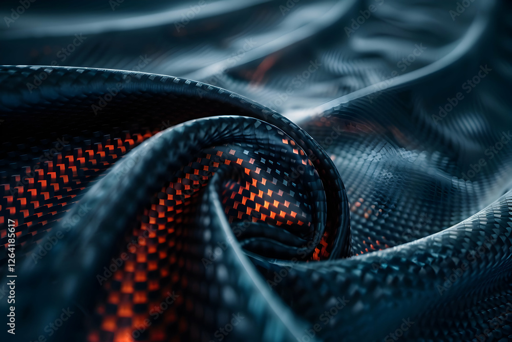 Poster close-up view of a textured fabric with a dark pattern and vibrant red highlights, showcasing its in