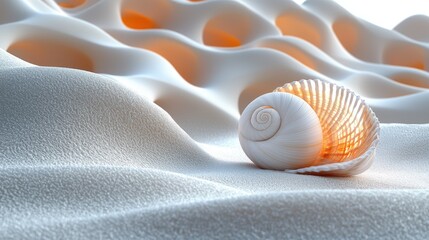 A close-up view of a beautifully patterned seashell resting on soft, textured sand dunes illuminated by soft light