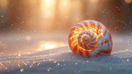 Close-up of a beautifully patterned seashell resting on soft sand with a dreamy, sunlit background
