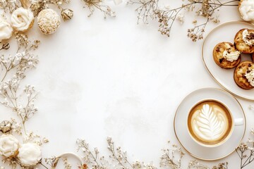 X&iacute;cara de caf&eacute; elegante com detalhes dourados, acompanhada de doces e decora&ccedil;&otilde;es festivas em fundo branco, criada com IA generativa para um visual sofisticado e convidativo