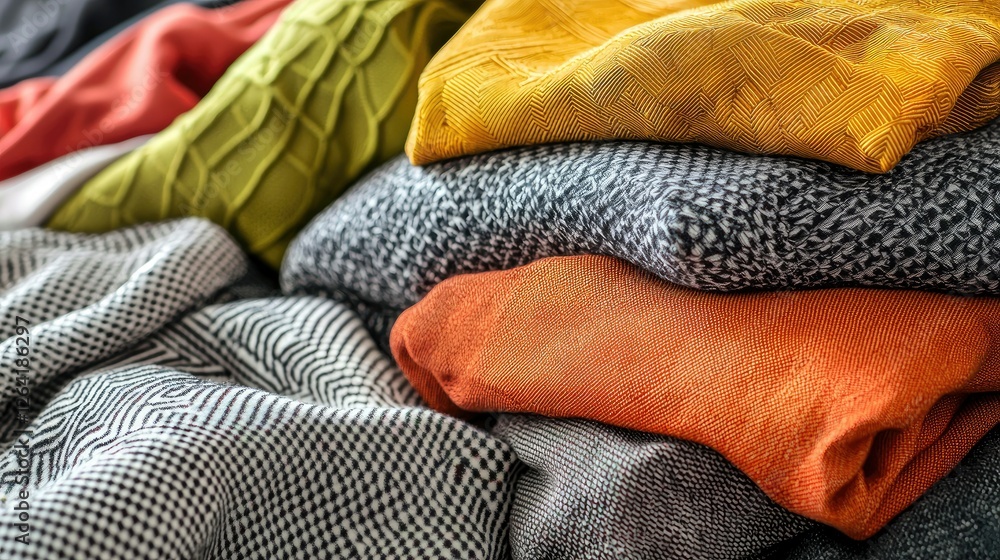 Poster a neatly folded pile of colorful fabric made from high-quality textiles. copy space.
