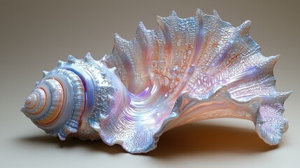 A stunning iridescent seashell displayed on a neutral background, showcasing intricate textures and colors