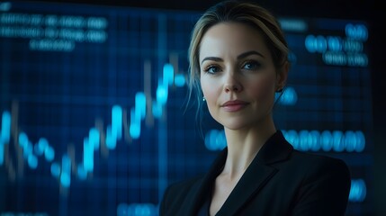 Confident Businesswoman Stands Before Futuristic Financial Charts in Professional Setting