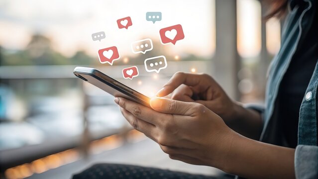 Person using a smartphone with social media like and comment icons, representing online engagement and digital communication