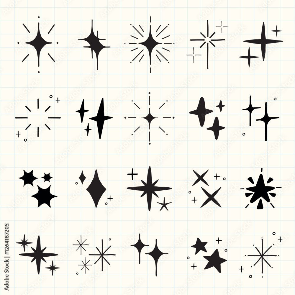 Wall mural collection of black star and sparkle icons on a grid background. various star shapes and sparkle des