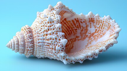 Close-up of a beautifully detailed seashell resting on a soft blue background, evoking a tranquil beach scene
