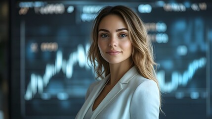 Confident Businesswoman Stands Before Futuristic Financial Charts Depicting Market Growth and Prosperity