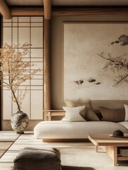 Serene interior showcases minimalist japanese design with natural elements