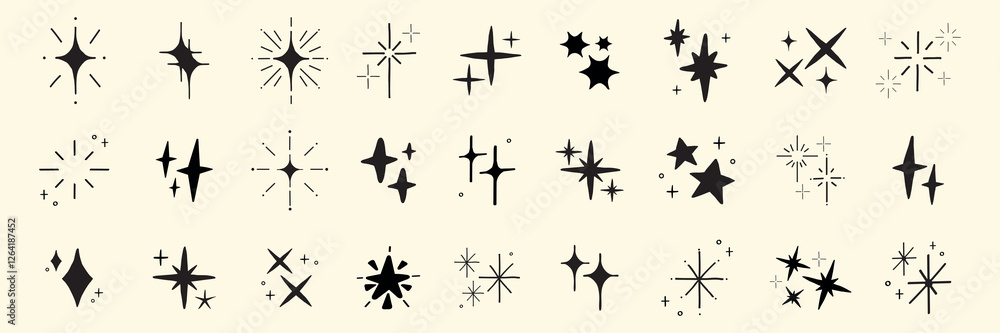 Poster collection of black starburst icons on a light background. various starburst shapes and sizes. starb