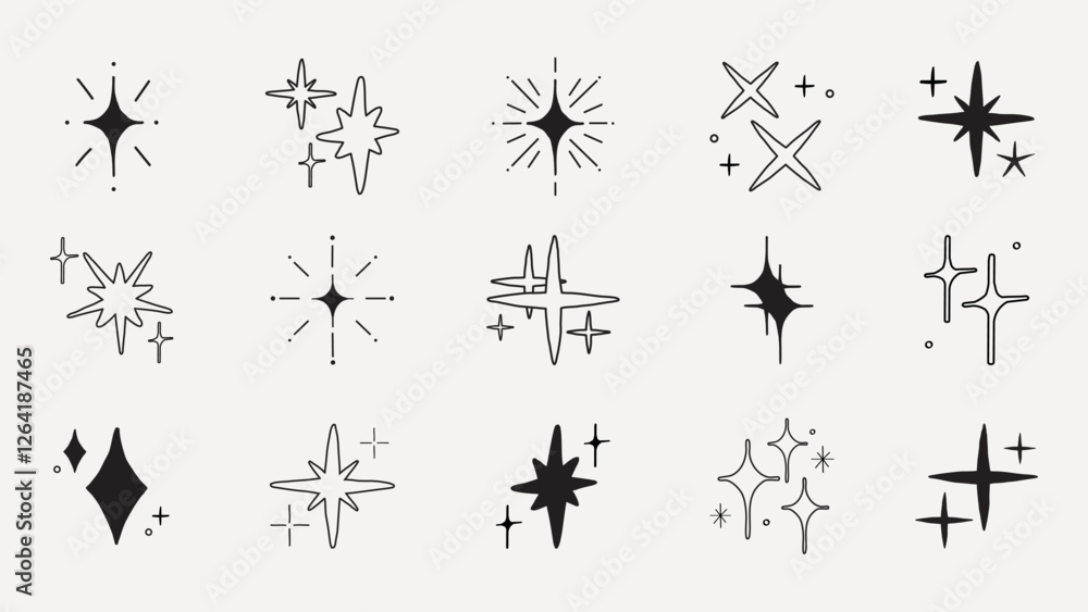 Poster set of 12 black starburst icons in various styles. starburst designs feature different shapes and si