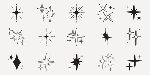 Set of 12 black star icons on a white background. Star icons vary in shape and size. Minimalist star designs for decoration. Perfect for star-themed projects. Element vector set.