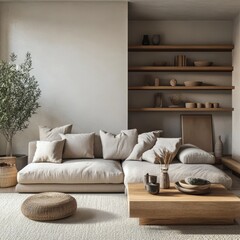 Warm minimalist living room with neutral tones and soft textures