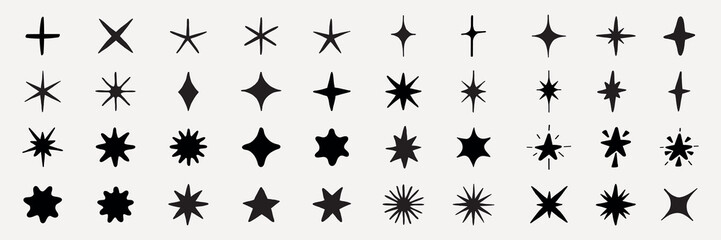 A collection of 36 black star icons on a grid. Various star shapes, sizes, and styles. Star icons for design, star patterns, and creative projects. Element vector set.