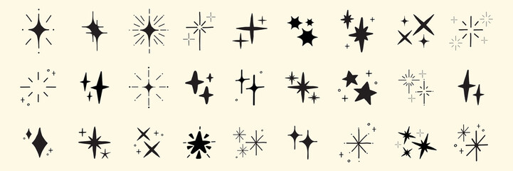 Collection of black starburst icons on a light background. Various starburst shapes and sizes. Starburst designs perfect for graphic projects. Element vector set.