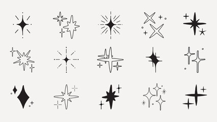 Set of 12 black starburst icons in various styles. Starburst designs feature different shapes and sizes. Starburst graphics for decoration and design. Element vector set.