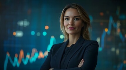 Confident Businesswoman Standing in Front of Futuristic Financial Charts and Rising Graph