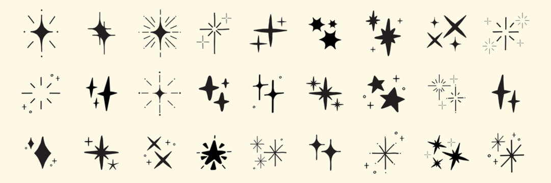 Collection of black starburst icons on a light background. Various starburst shapes and sizes. Starburst designs perfect for graphic projects. Element vector set.