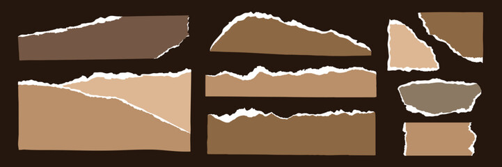 Collection of torn paper strips with rough edges. Torn paper in various shapes and sizes. Brown and beige torn paper textures on a dark background. Brown element vector set.