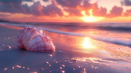 A beautiful seashell resting on the sandy beach during a vibrant sunset, with gentle waves lapping nearby