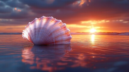 Serene sunset over calm ocean waters with a vibrant seashell in the foreground