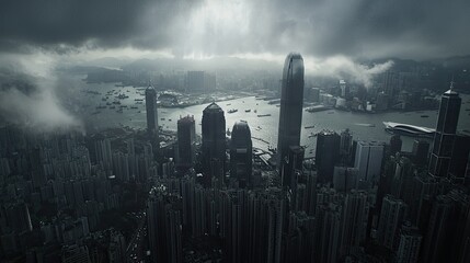 A panoramic view of Hong Kong skyline with Victoria Harbour. Copy space.