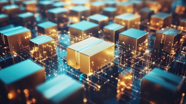 E-commerce package flying through digital network, rapid global shipping.