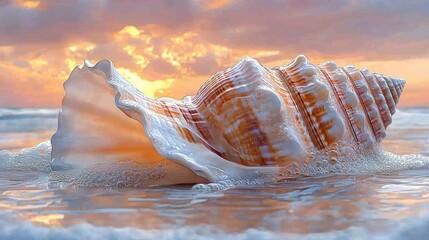 Beautiful seashell resting on a sandy beach at sunset with gentle waves in the background