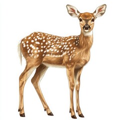 A cute, realistic illustration of a young deer with distinctive spotted fur, symbolizing grace and beauty in wildlife. Ideal for nature-themed projects and educational materials.