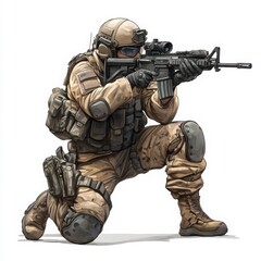 A detailed illustration of a military soldier in combat gear, poised with a firearm, emphasizing readiness and strength