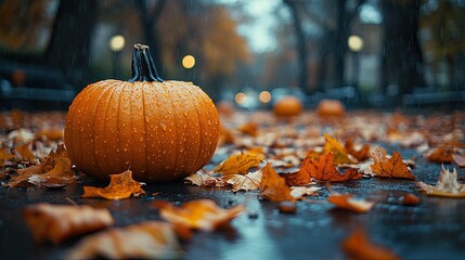 Vibrant orange pumpkin surrounded by autumn leaves on a rainy street in a park