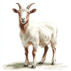 Fototapeta premium A friendly and charming goat standing upright, showcasing its fluffy white and brown fur. Ideal for farm-themed projects, animal education, or nature conservation materials.