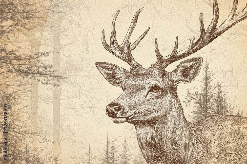 Aufkleber intricate engraved deer portrait showcasing fine line work in sepia tones with space available for p