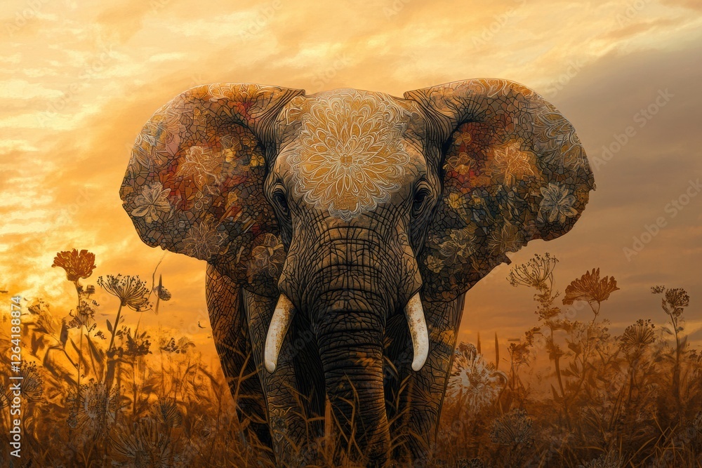 Poster Majestic elephant standing tall in a golden sunset with intricate patterns on its skin in a natural habitat setting. Generative AI