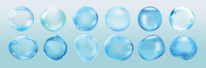 Set of 12 glossy water droplets, transparent and reflective. Water droplets with realistic texture. Perfect for designs needing water droplets or liquid effects. Soap bubble element vector set.