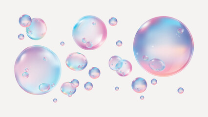 Colorful iridescent bubbles floating on a white background. These bubbles are shiny, translucent, and display a mix of pastel colors. Iridescent bubbles in various sizes. Soap bubble element vectors.