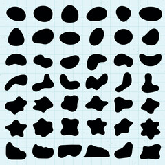 Fototapeta premium Collection of abstract black shapes on a grid background. Various abstract shapes, unique and creative. Perfect for abstract design and art projects. Black shape vector set.