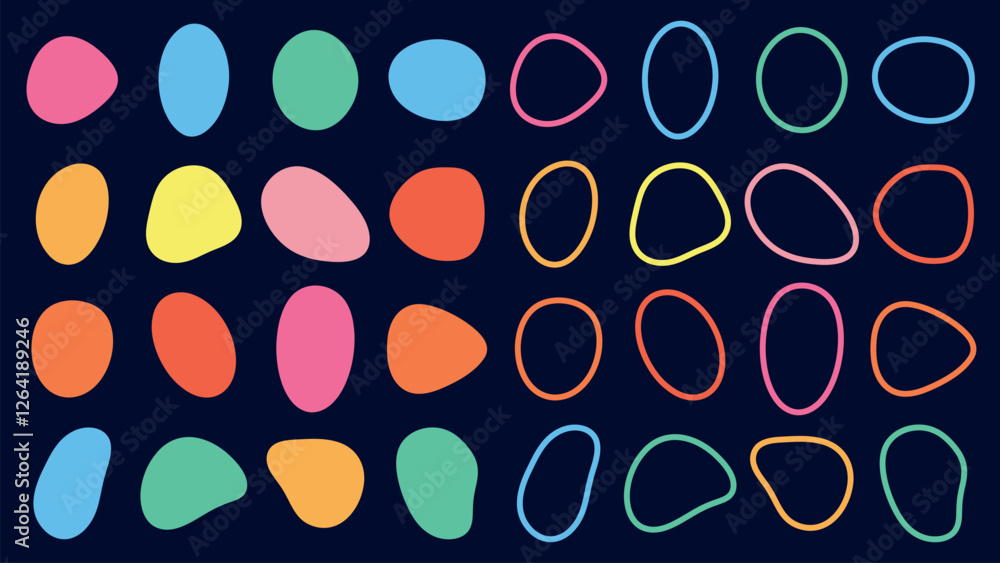 Poster colorful abstract shapes and outlines on a dark background. bright shapes and outlines in various co