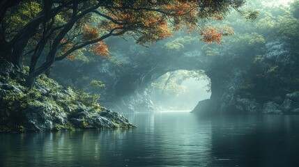 Serene forest landscape with a misty river flowing through a rocky archway and autumn foliage