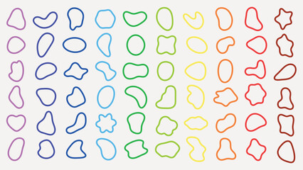 Colorful abstract shapes in a grid pattern. Vibrant shapes in rainbow colors. Abstract shapes in various forms. Shapes in red, blue, green, and more. Colorful shapes, vector element set.