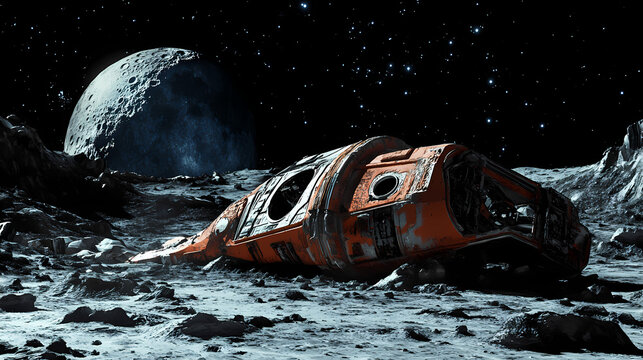 Cosmic wreckage: a crashed spaceship on the lunar surface. Cosmic Shipwrecks. Illustration