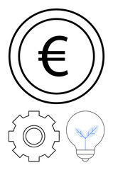 Euro coin representing economy and finance, gear for technology and development, light bulb with leaf for sustainable innovation. Ideal for economics, eco-friendly growth, renewable energy, green