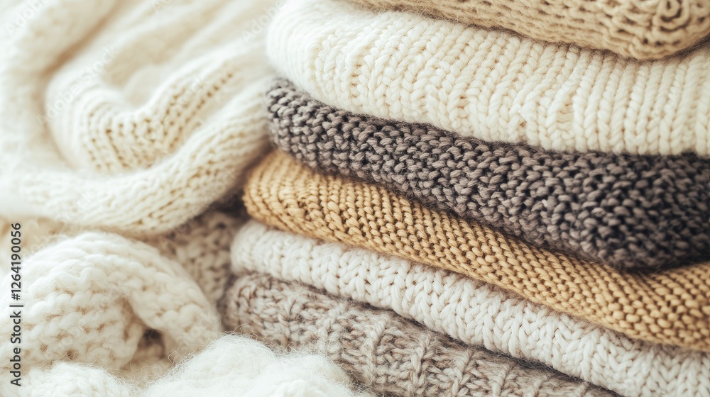Poster a pile of soft wool sweaters in various colors and sizes. copy space.