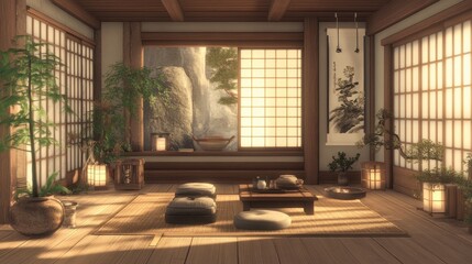 Fototapeta premium Tranquil japanese room bathed in soft natural light showcasing simplicity