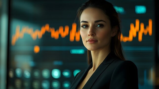 Successful Businesswoman Analyzing Futuristic Financial Data with Confident Expression